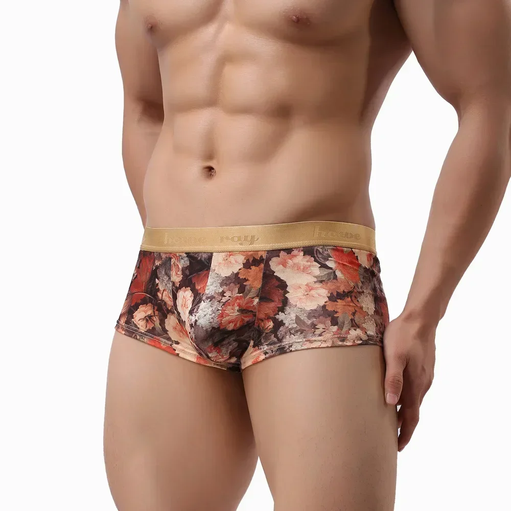 

Men's Floral Print Trunks Gay Sexy Low-rise Bulge Pouch Boxer Shorts Smoothy Cool Feeling Thin Elastic Breathable Sports Panties