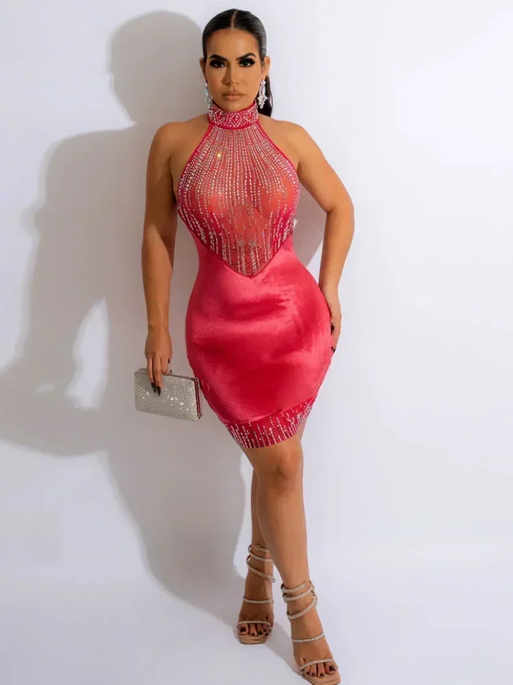 GUWU diamants maille transparente Patchwork velours fête d'anniversaire robe femmes Sexy licou dos nu moulante Clubwear robes de noël