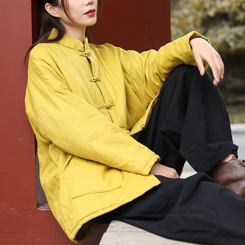 

Осень-зима, новые свободные повседневные куртки больших размеров, женские хлопковые куртки в китайском стиле в стиле ретро с художественным зажимом, женское пальто, модная одежда