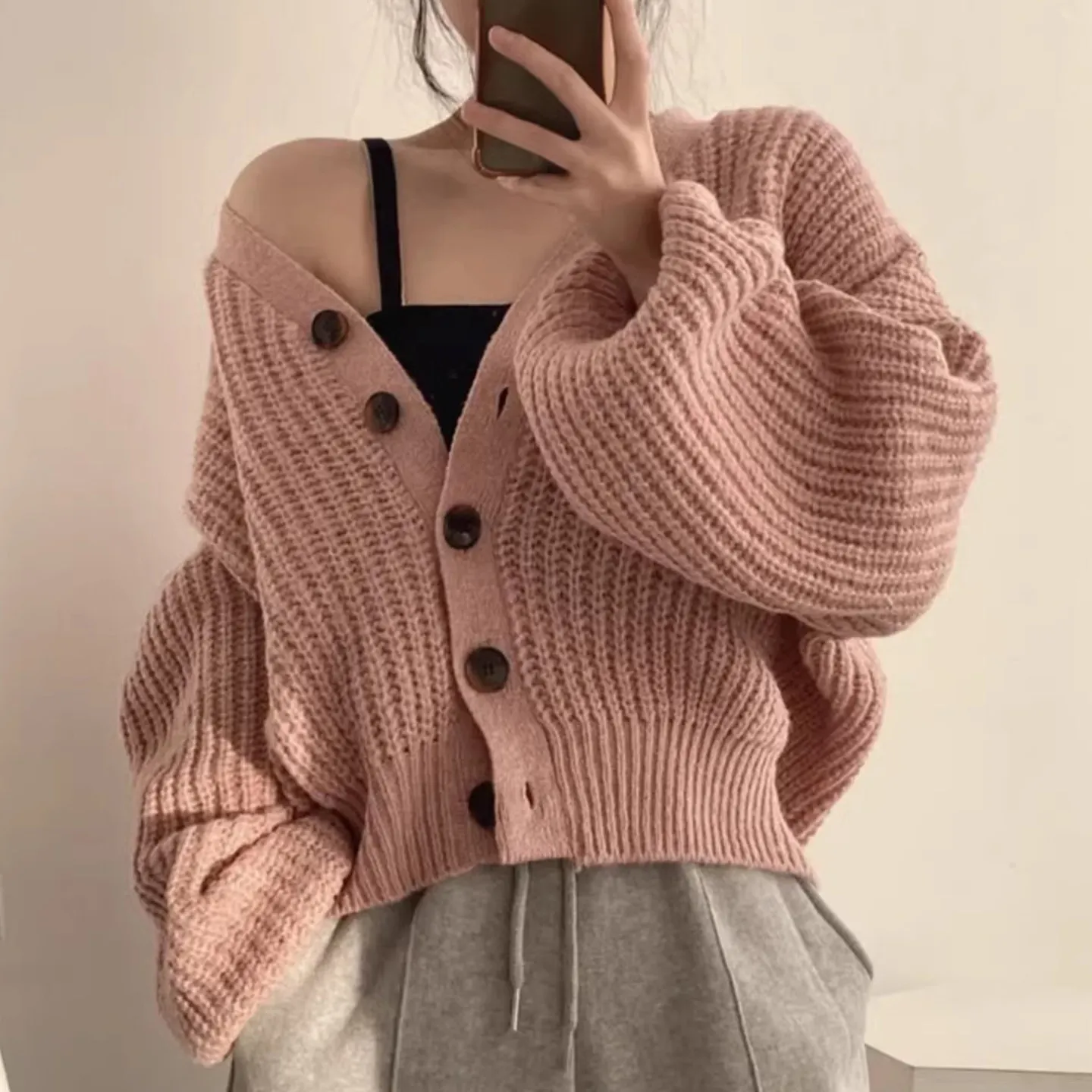 Granny Sweater Cardigan Women Comfy V-neck Button Front Chunky Knit Jacket Dusky Pink Fall Winter Casual Basic Knitwear
