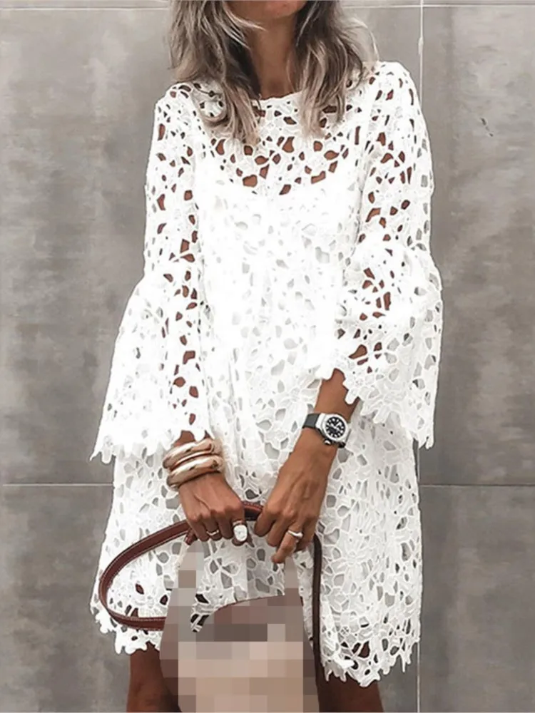 Women\'s Autumn New Solid Color Dress Ethnic Style Sexy Lace Hollow Fashion Printed Casual Long Sleeve Knee Length Dress