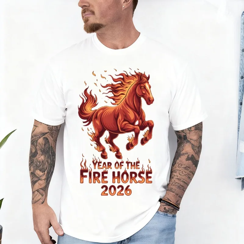Year of The Fire Horse 2026 Zodiac Chinese New Year 2026 Crew Neck Short Sleeve Cotton Top All Seasons Casual Fashion Soft Tees