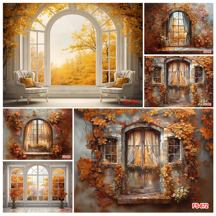 

Fall Window Backdrop Thanksgiving Fall Autumn Garland Forest Tree Scenery Yellow Leaves Maple Landscape for Portrait Studio Prop