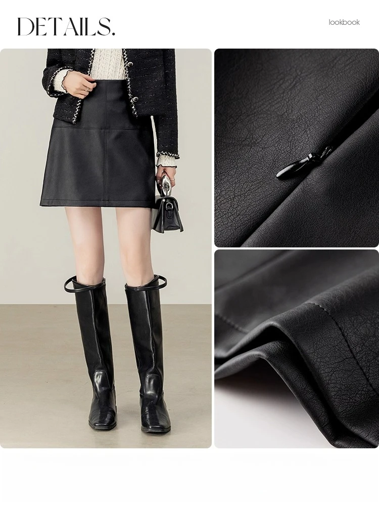 SENTUBILA Women's PU Leather Skirt Autumn 2025 New Mid Waist Office Commuter Chic Elegant Design Faux Leather Skirt 153QA3199