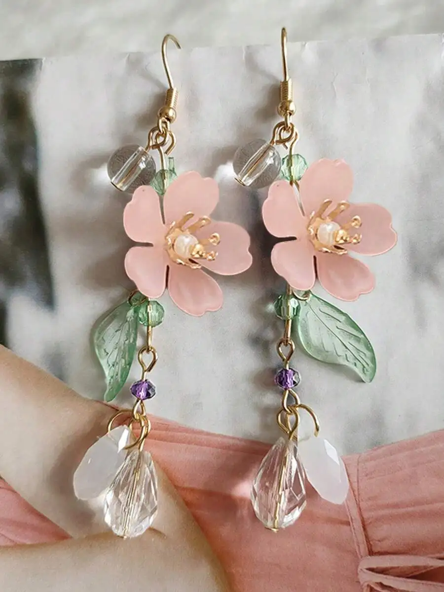 Romantic Pink Floral Waterdrop Dangle Earrings For Women Casual Holiday Jewelry