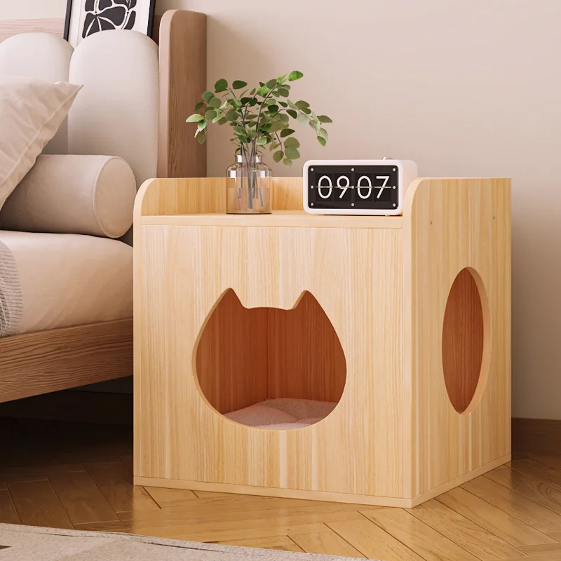 cat scratching post Multifunctional Solid Wood Nightstand - Compact Storage Cabinet with Cat-Friendly Design for Bedroom