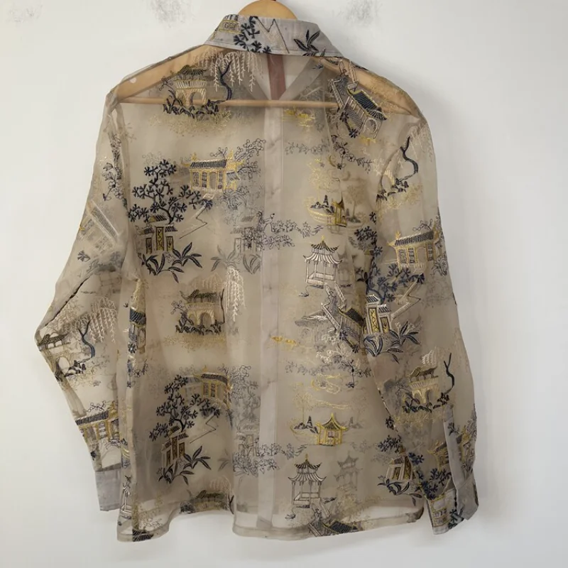MWJLPWQ Male Organza Long Sleeve Shirt Traditional Chinese Embroidery Lapel Button Front Thin Sun Protection Casual Top 16807