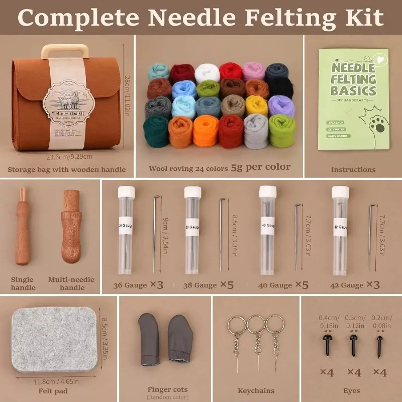 Needle Felting Kit 24 Colors Wool Roving Set with Felt Bag Needles Pad Wool Bulk for Beginner with Step by Step Instructions