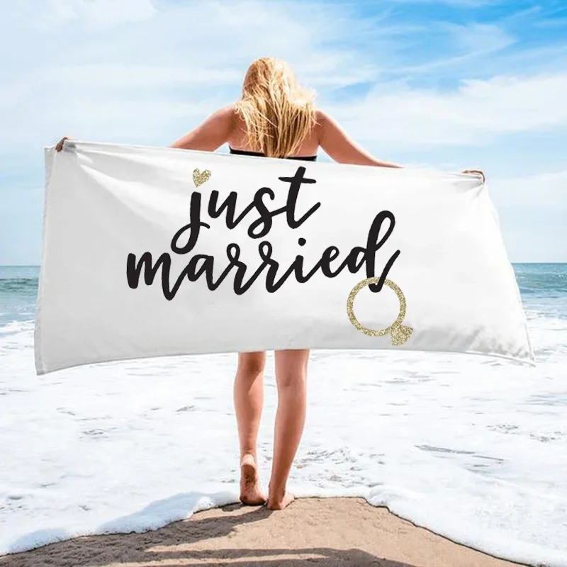 Just Married Mr Mrs bride groom Beach Towel Newlywed couple Honeymoon travel Wedding Bridal Shower Engagement Gift Photo props