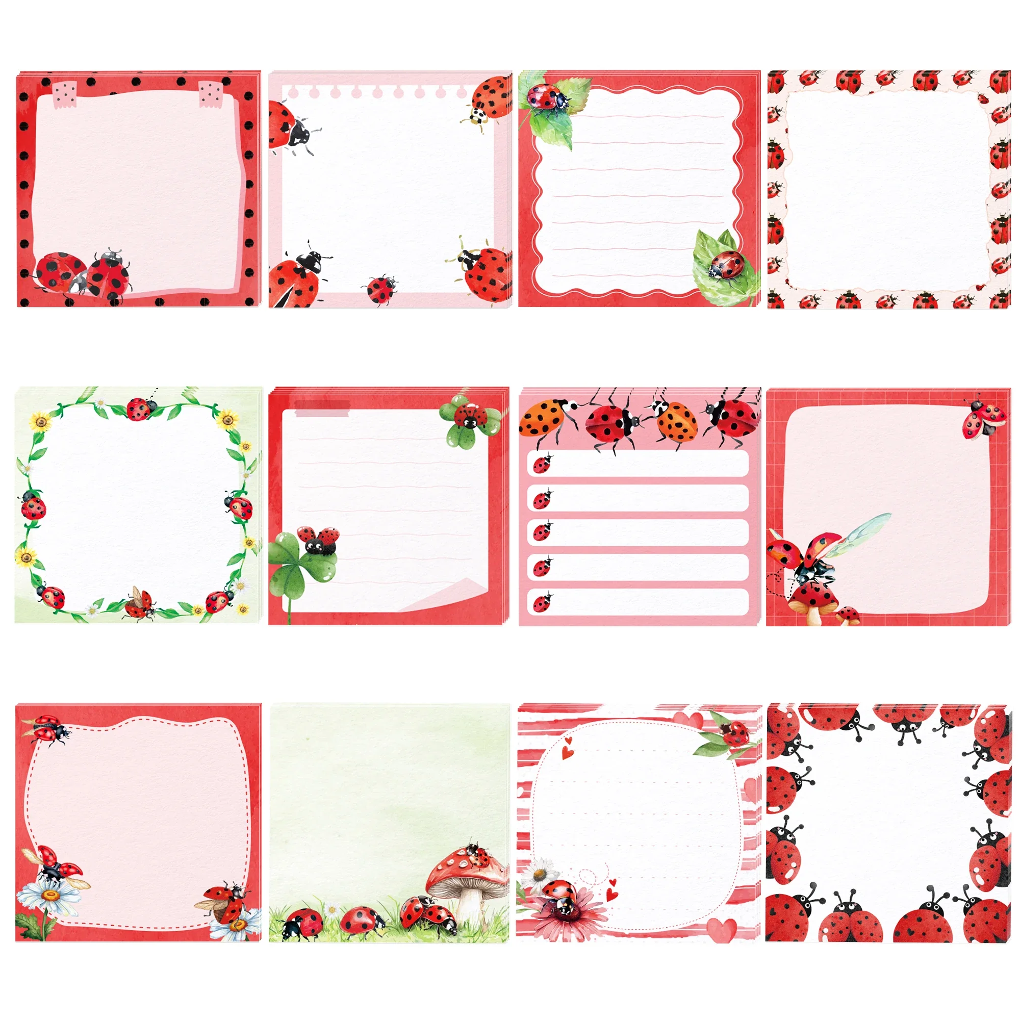 12/24pcs Ladybug Sticky Notes Memo Paper Red Ladybird Border Note Pages for Writing Notes Crafts Office School Stationery