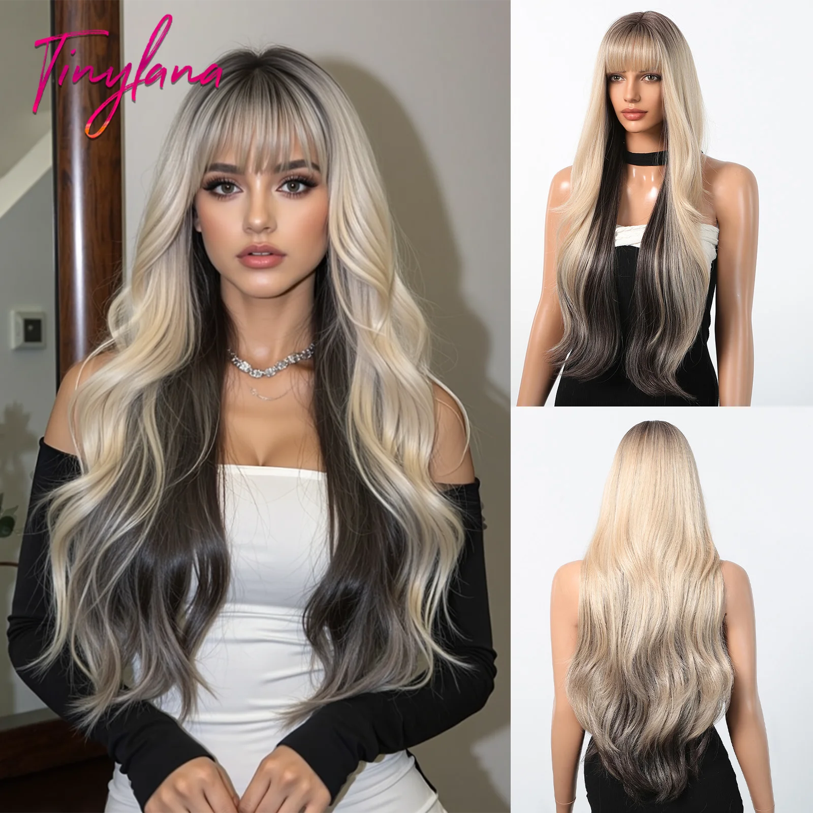 Blonde Black Highlight Synthetic Wigs With Bangs Super Long Loose Wave Wig For Women Cosplay Natural Hair Daily Heat Resistant