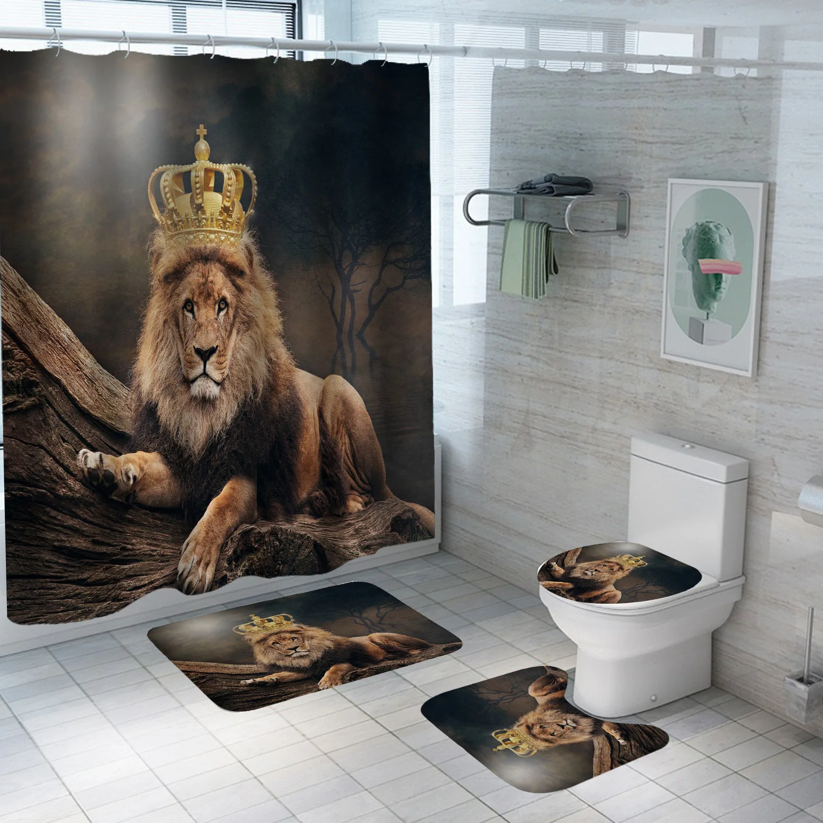 Crown Lion King 3D Luxury Bathroom Curtains Shower Curtain Set for Bathroom Modern Geometric Bath Rug Decor