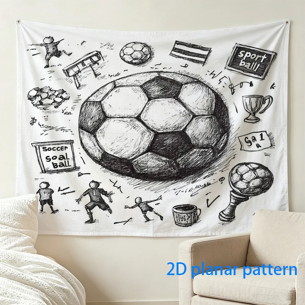 Vintage Soccer Tapestry, Sketch Football Wall Hanging, Sports Theme Decor, Retro Doodle Trophy Background Cloth for Boys Room