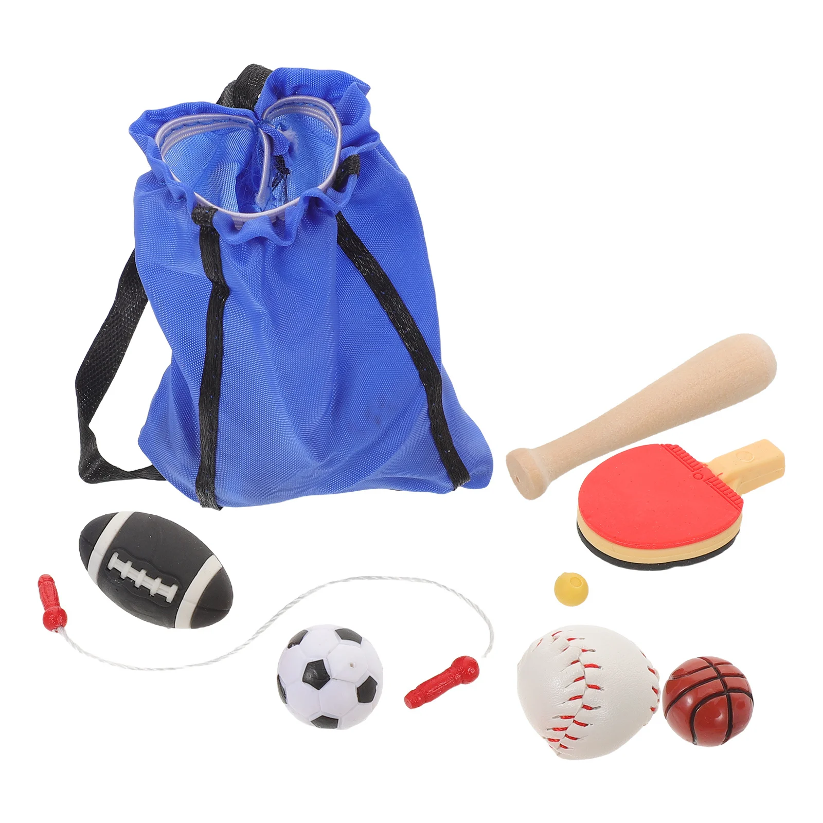 1 Set Mini-Sport-Set für Puppenhaus-Dekoration, realistisches Design, tragbar, robust, Qualität, Bjd, Mini-Basketball, Fußball, Fußball, Springseil