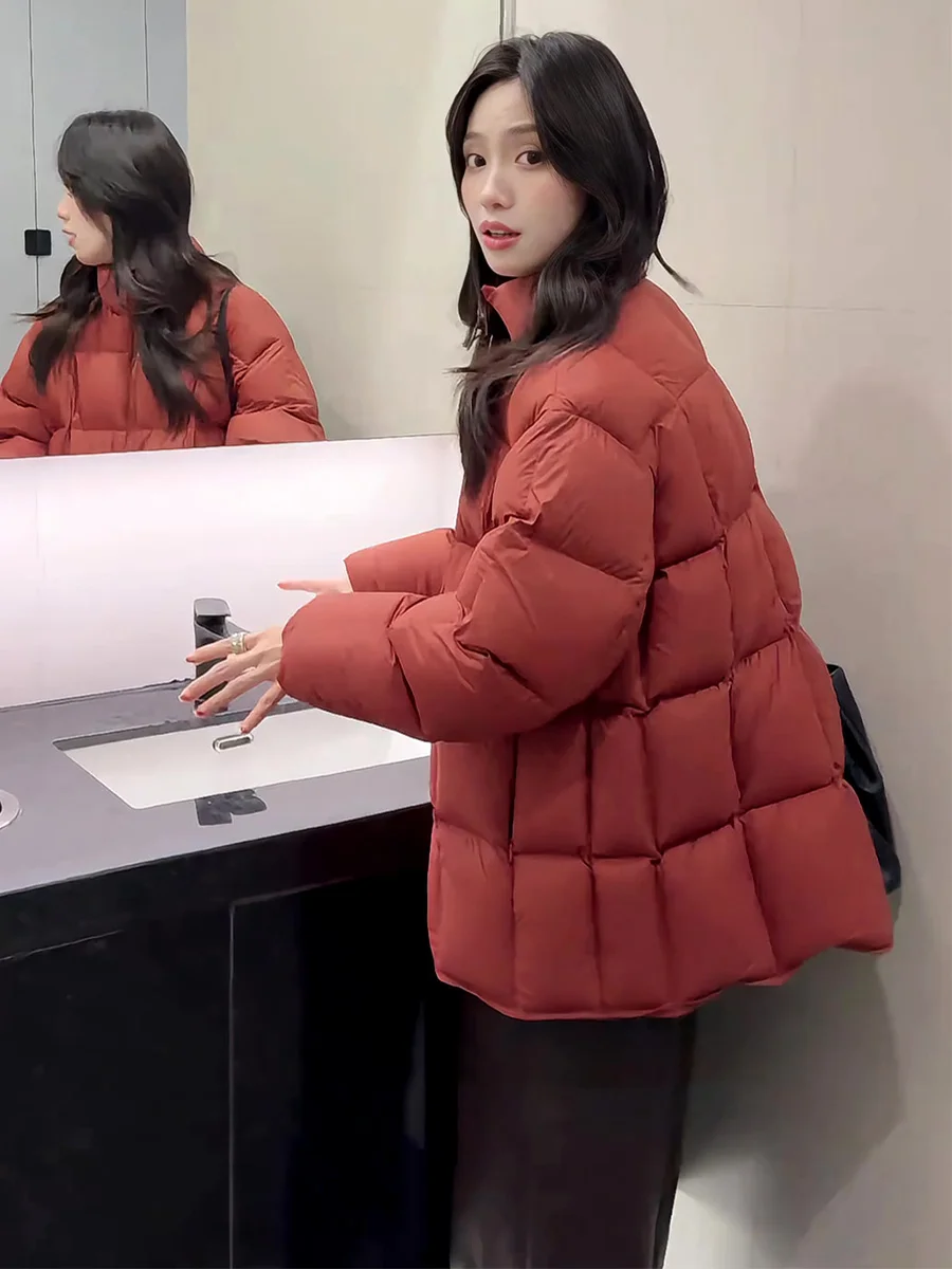 

Повседневная красная корейская куртка-пуховик с воротником-стойкой для женщин, зимняя, маленького размера, средней длины, с наполнителем из 90% белого утиного пуха, теплая.