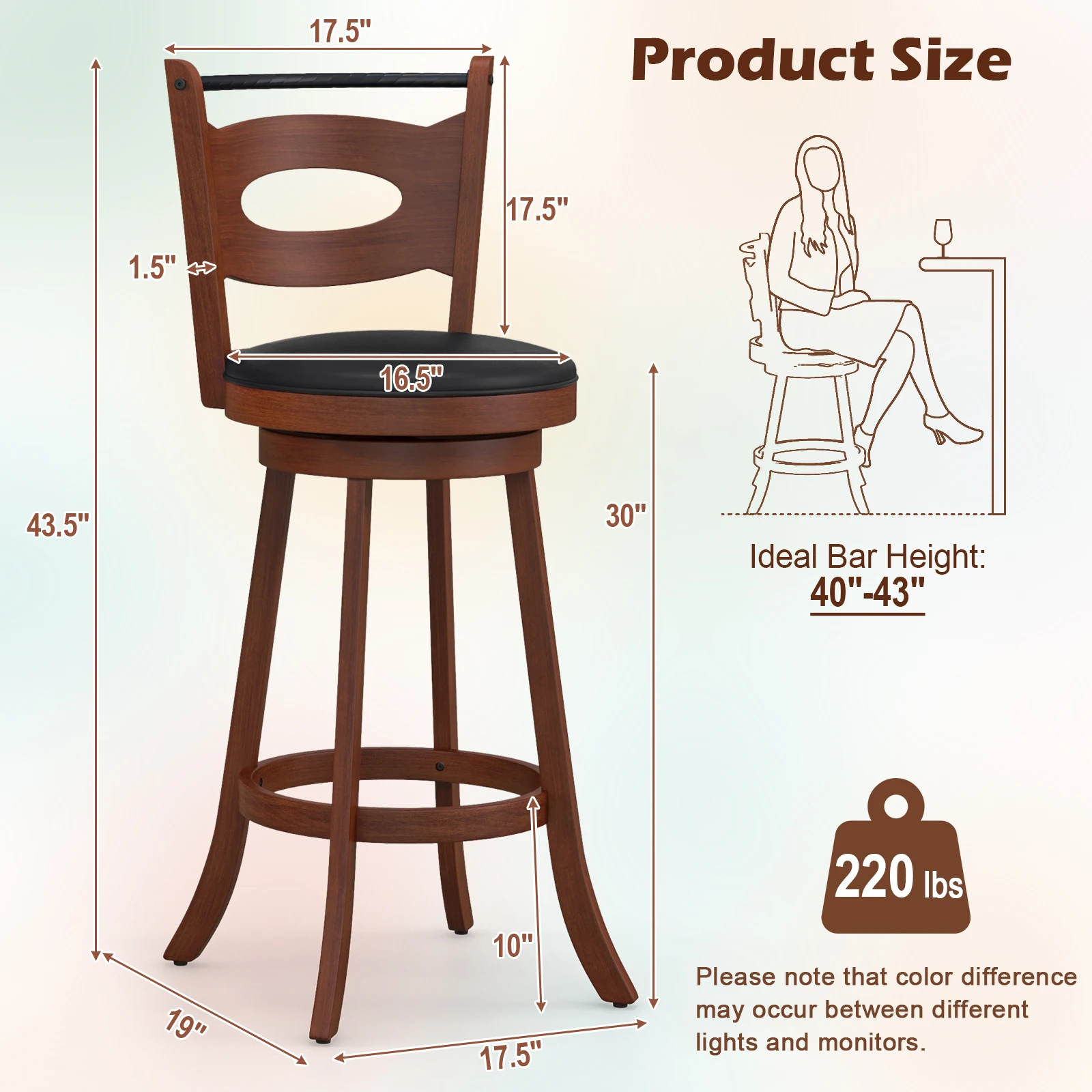 Set of 2 Bar Stools 360° Swivel Dining Chairs Solid Rubber Wood Leather Padded