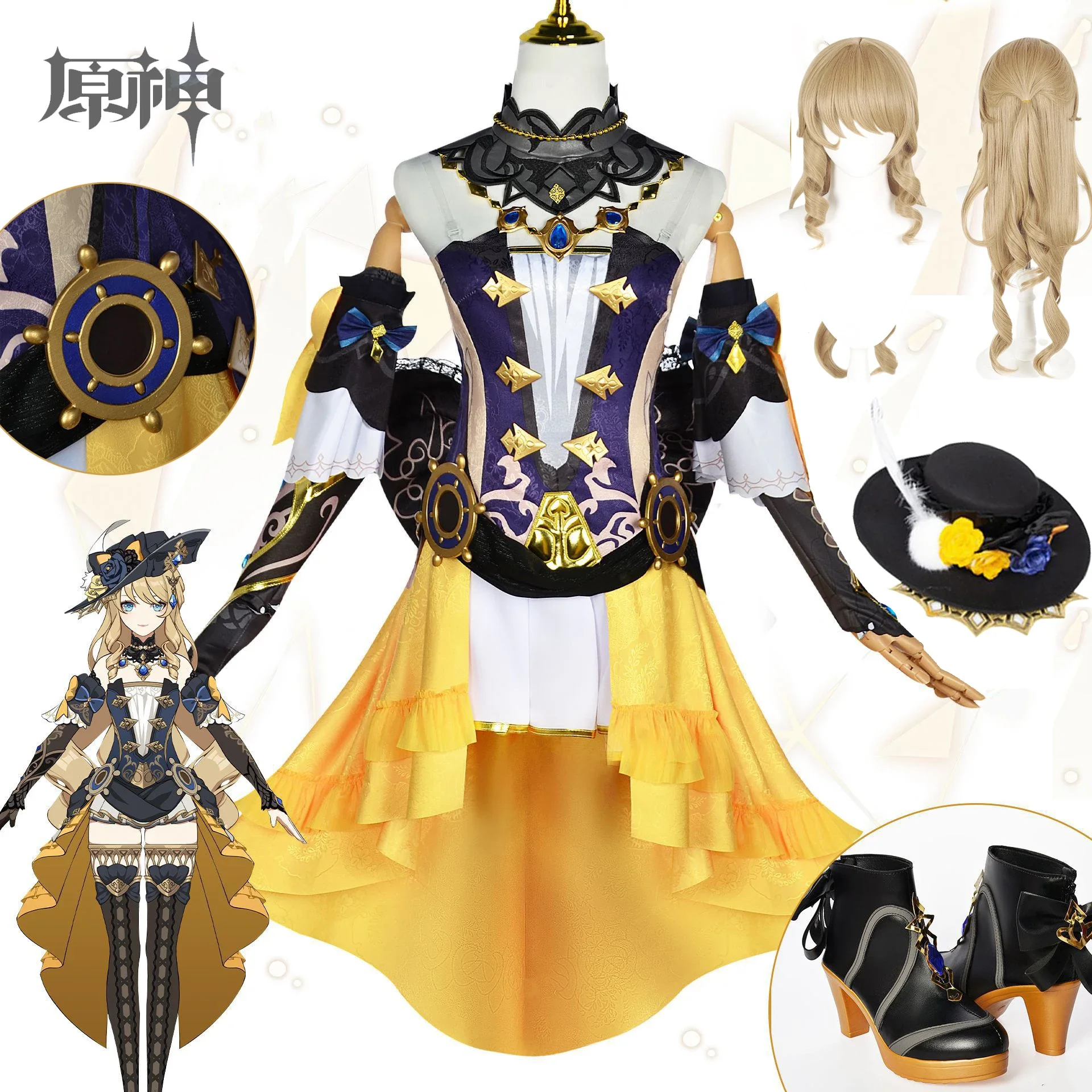 Costumes de cosplay Genshin Impact Navia pour femmes, perruque, chaussures, chapeau, olympiques d'anime, fête d'Halloween