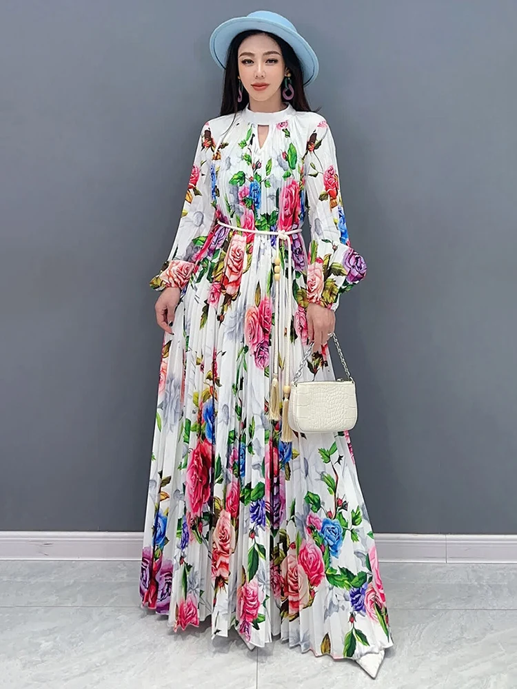 SHENGPALAE Elegance Printed Pleated Dress For Women Spring 2024 New O-neck Full Sleeve Lace Up Waist A-line Vestido Robe 5R9406