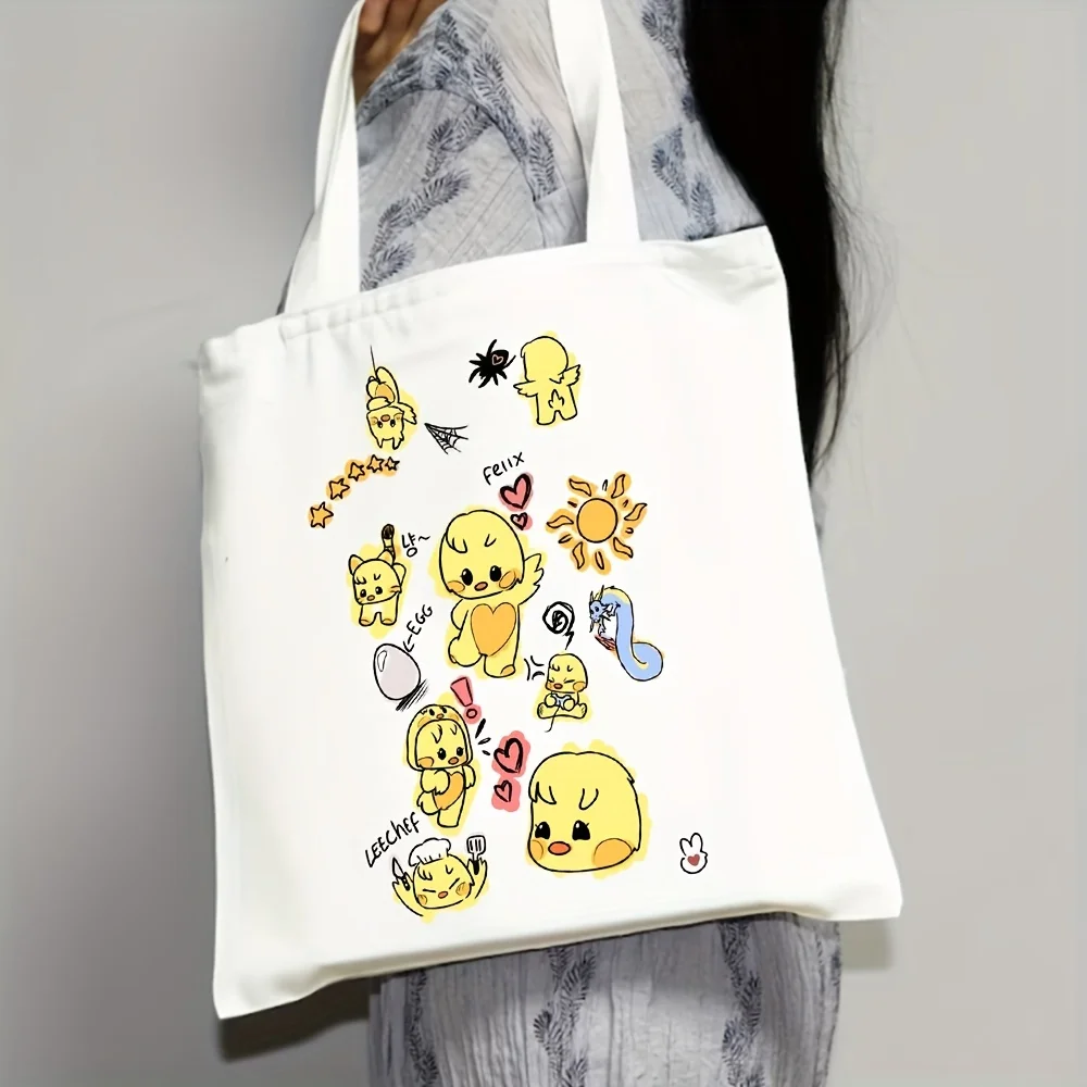 Kawaii Canvas Shoulder Bag, Cartoon Colorful Animal Print Handbag, Portable Anime Tote Bag Shopping Bag