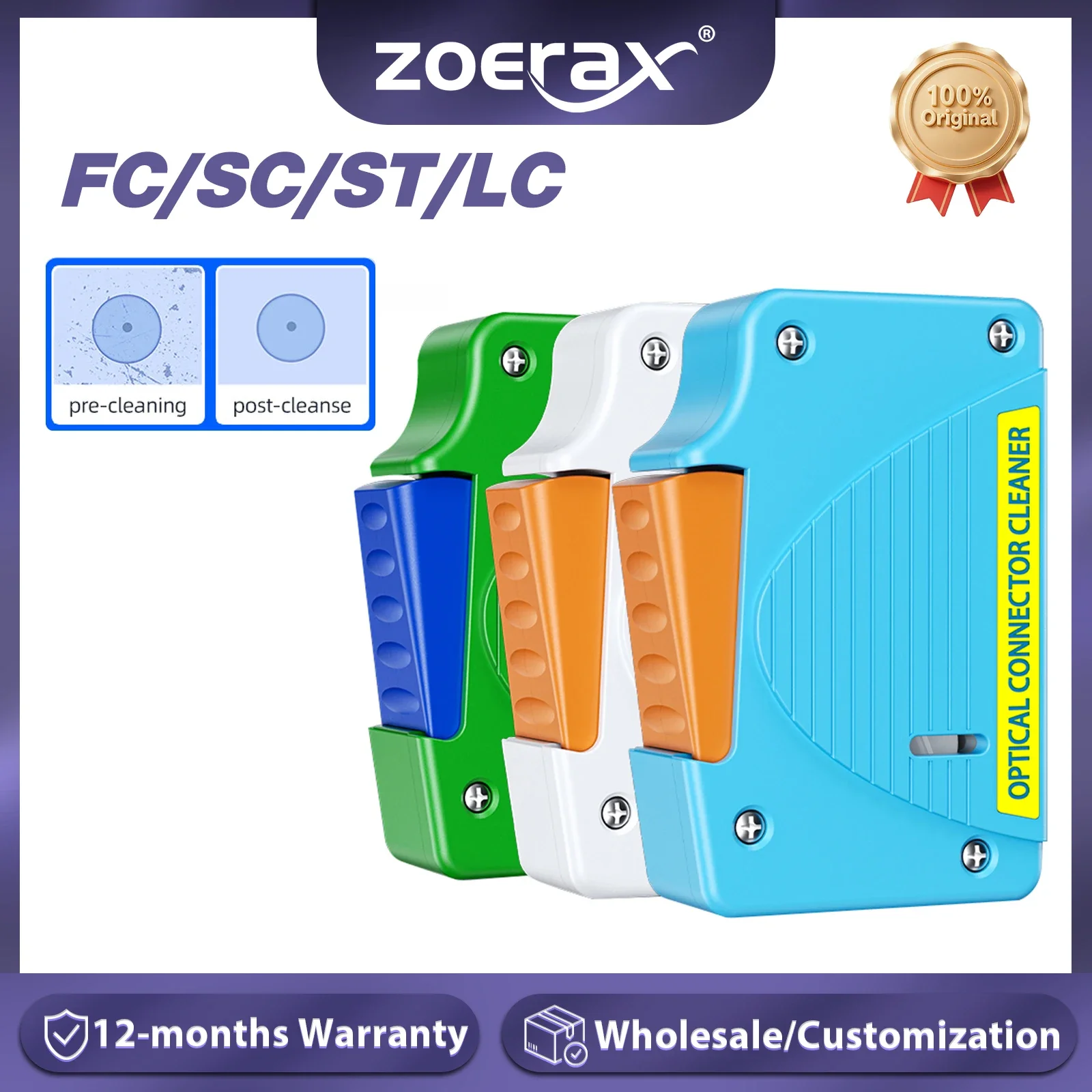 ZoeRax Fiber End Face Cleaning Box Pigtail Cleaner for SC/ST/FC Cassette and Efficient Optic Fiber Wiping Tool