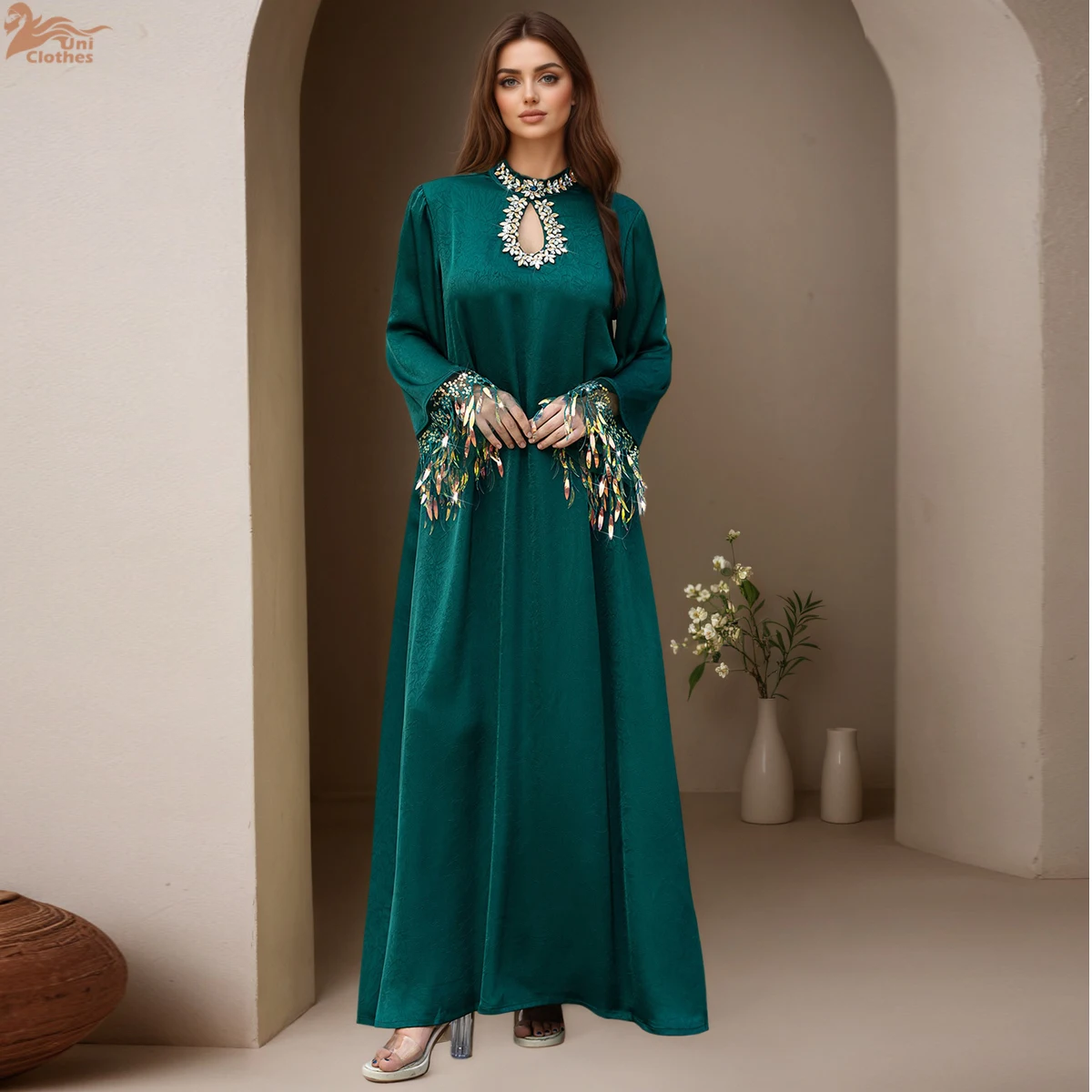 

Роскошное зеленое платье Дубая в Дубае с рукавами с бахромой, мусульманское женское платье, скромная одежда Джалабия, исламский праздник, турецкий кафтан, халат