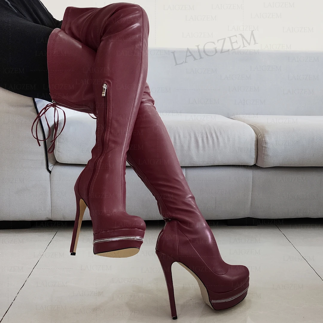 ZHIMA Women Thigh High Boots Back Full Back Zip High Heeled Platform Boots Crotch Ladies Shoes Woman Big Size 41 43 45 48 52