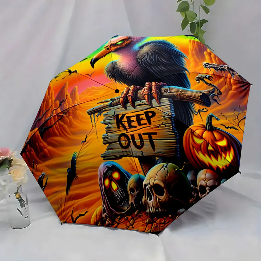 Colorful Desert Scene with Vulture, Skulls, and Keep Out Sign portable waterproof sun rain umbrella for outdoor travel beach