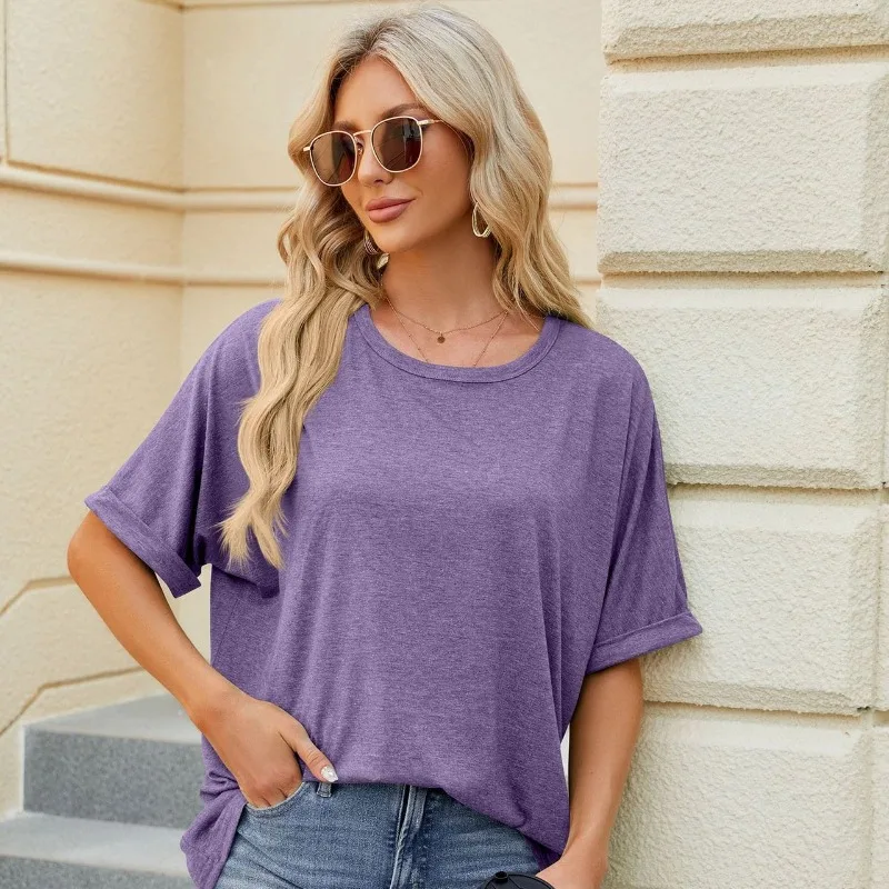 

Женская весенне-летняя новая однотонная свободная футболка с круглым вырезом и короткими рукавами.