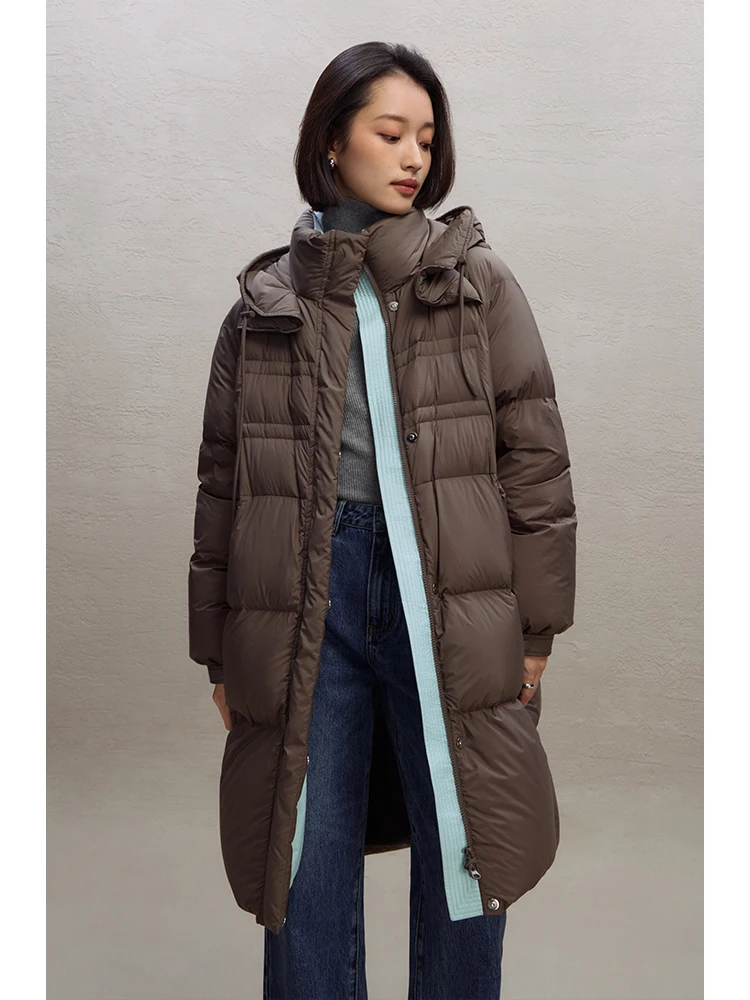 ZIQIAO 209G Filling Amount Women Brown Long Down Coats Winter Thick Warm Blue Brown Contrast Colot Hooded Down Jacket 23ZQ94032