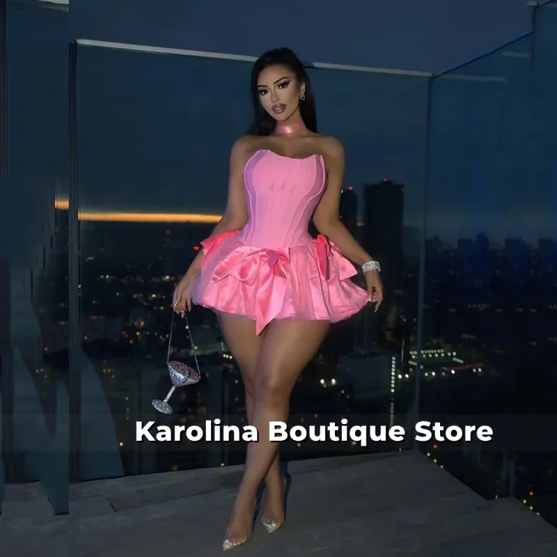 

Pink Satin Mini Birthday Party Dresses Strapless Sexy Cocktail Dress Graduation Bow Night Party Gown 2025 Customized