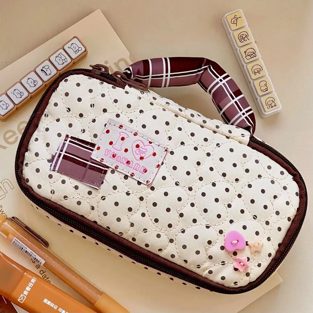 New Handheld Pencil Case Large Capacity Portable Pen Bag Polka Dot Storage Bag Gift