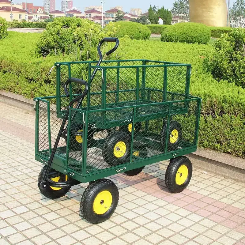 Steel mesh garden net car outdoor storage tool with rolling container, used for transportation