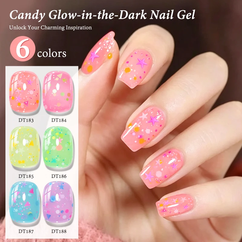 7ml Glow In The Dark Candy Gel Nail Polish Macaron Luminous Sequins Glitter Semi Permanent Soak Off UV Gel Varnish Nail Supplies