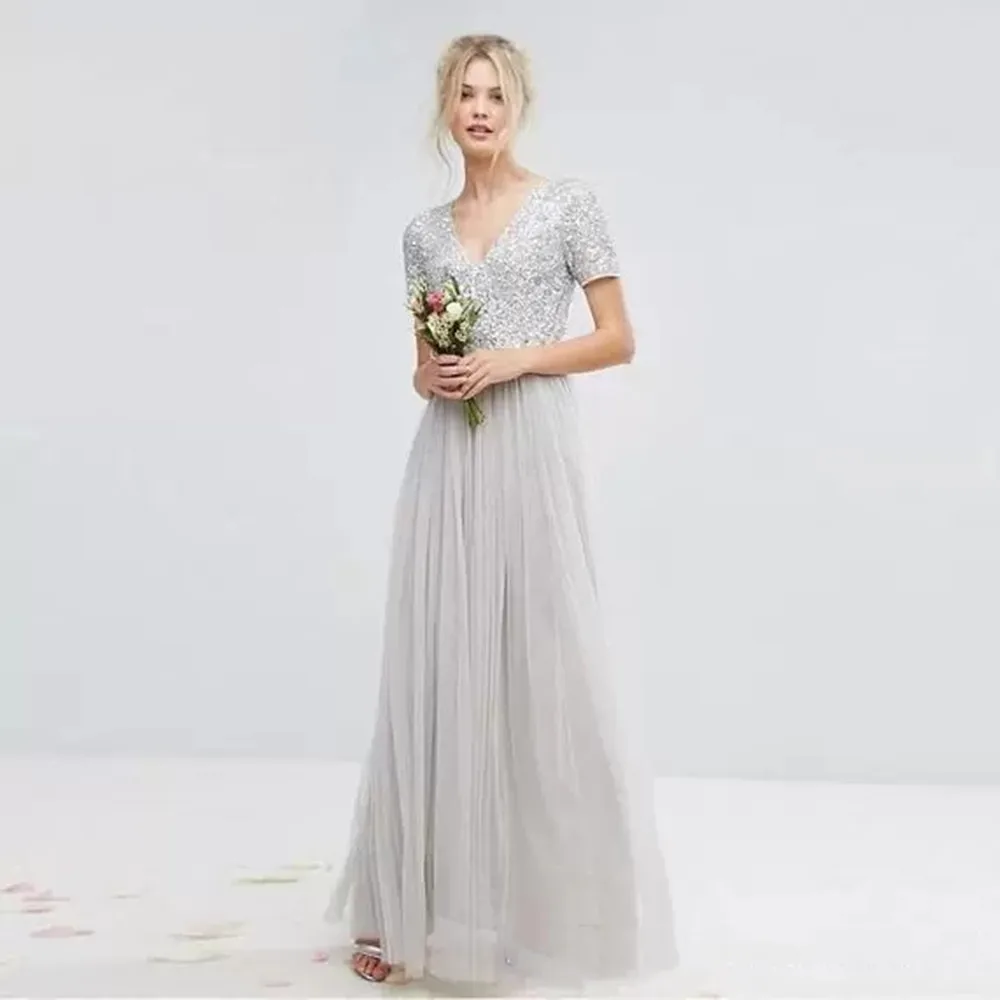 2022 Bridesmaid Dresses Sliver Short Sleeves V Neck Pleated Tulle A-Line Maid Of Honor Pregnant Floor Length vestido de noiva