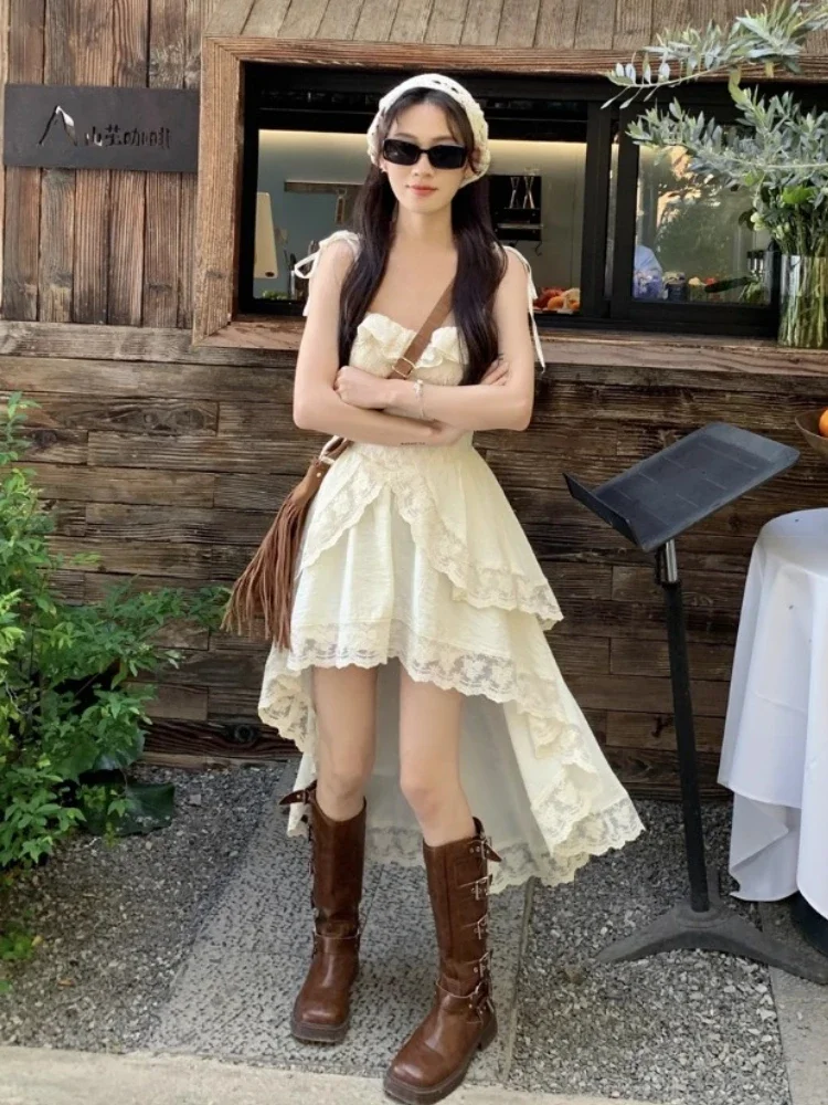 French Elegant Irregular Slip Dress Women Ruffles Designer Sexy Sweet Fairy Dress Female 2024 Summer Fashion Korean Party Dress