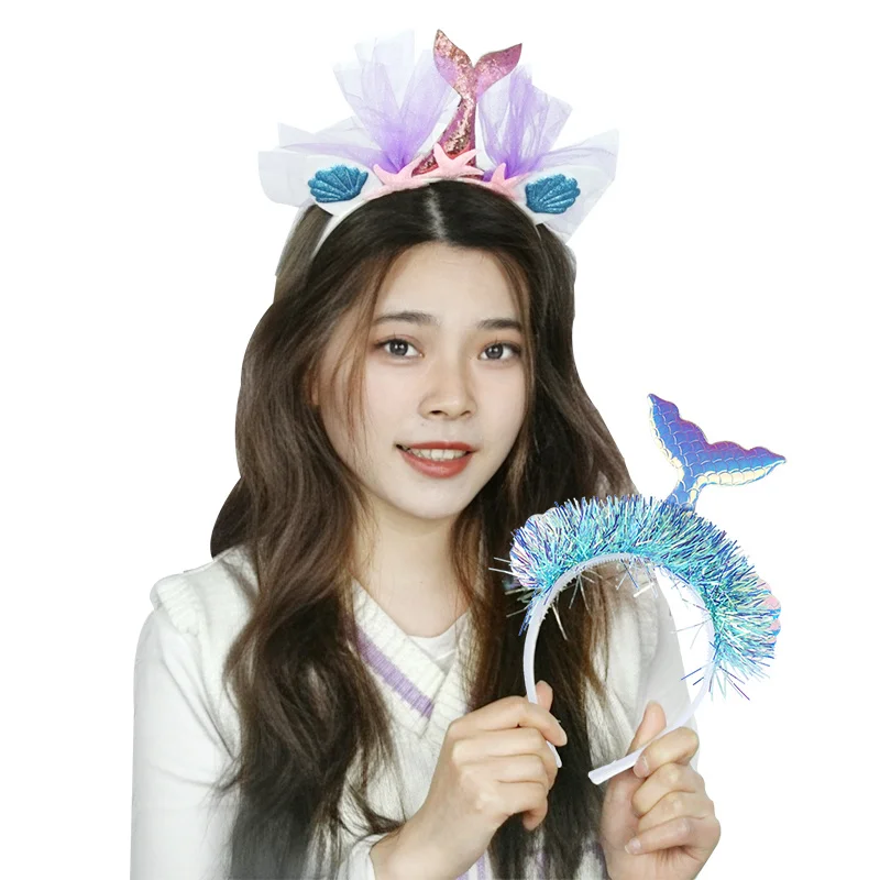 1PC Mermaid Tail Headband Starfish Shell Glitter Tinsel Hair Hoop For Mermaid Themed Party Birthday Party Cosplay Hair Accessory view 4
