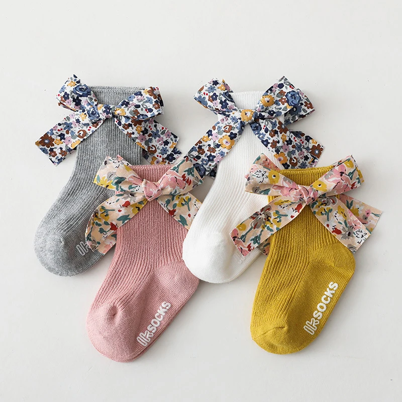 Baby Girls Socks Set Non-Slip Sokken Infant Floral Printing Ins Newborn Floor Sock Toddler Bows