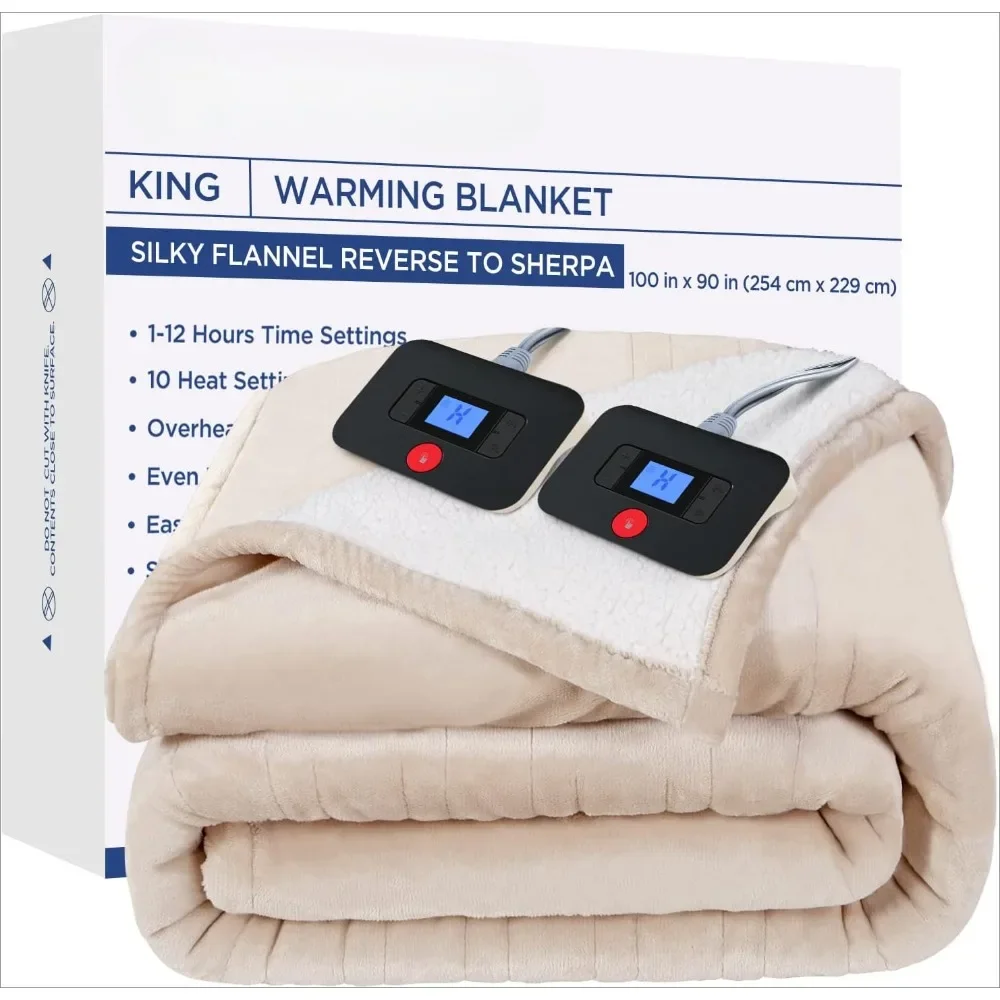 Electric blanket, heated blanket king size with 10 heat levels and 1 to 12 hour heat time setting flannel to Sherpa reversible