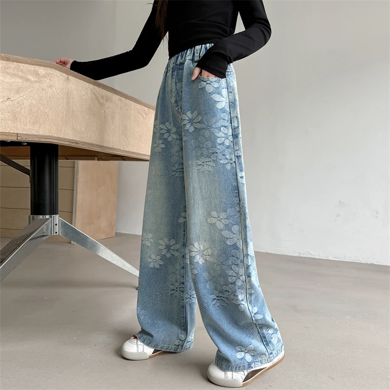 American Street Style Kids Clothing Retro Denim Trouser Child Girl Fashion Jacquard Design Y2K Loose Straight Ripped Jeans Pants 4