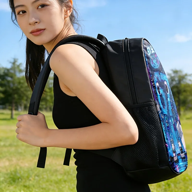 1pc/2pcs/3pcs Backpack, Shoulder Bag, Pouch with Blue Cyberpunk 'SIX SEVEN' Robot Print. Futuristic Tech Design for Students