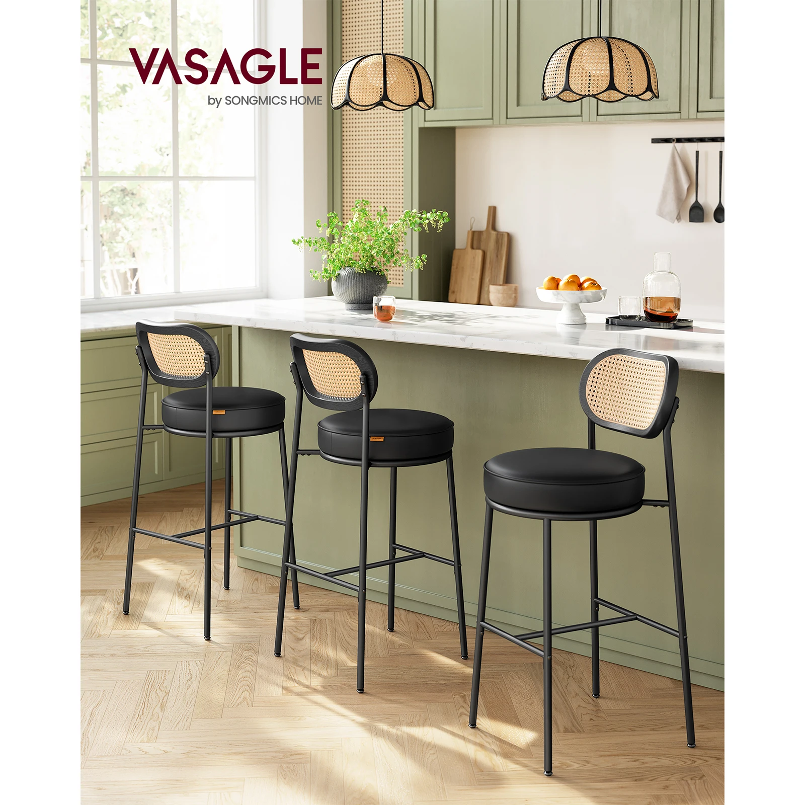 VASAGLE Juego de 2 Taburetes de Bar, Taburete Altos para Cocina, Desayuno de Cocina con Respaldo Curvado, Ratán PE Bohemio, 48,2 x 45,7 x 104,7 cm, Negro Tinta/Marrón Caramelo