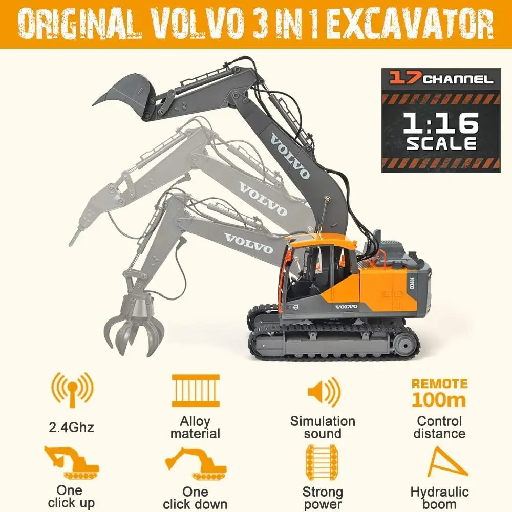 Excavadora teledirigida Volvo, juguetes de construcción 3 en 1 de 17 canales, vehículos de Control remoto de 17 canales, Tractor, arenero, excavadora con Meta