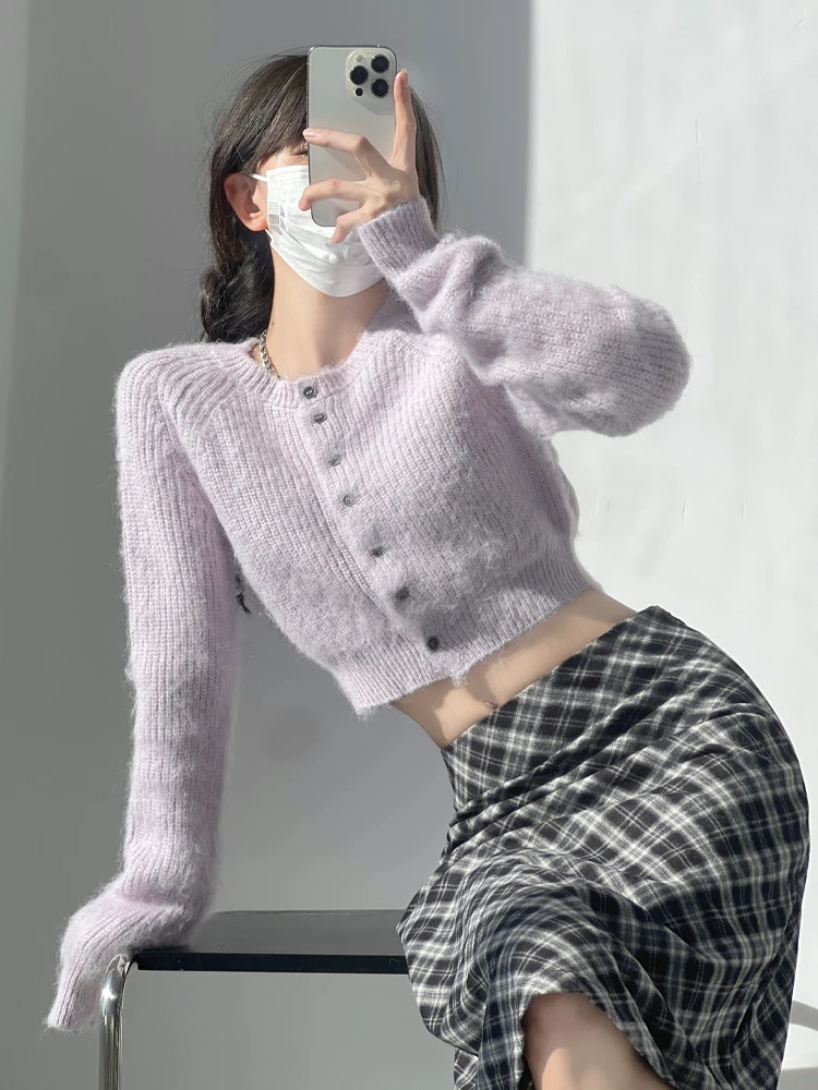 

Soft Purple Camere Knitted ort Coat Women's Autumn Winter round Ne Sweater Outerwear Gentle Street Sle Faion