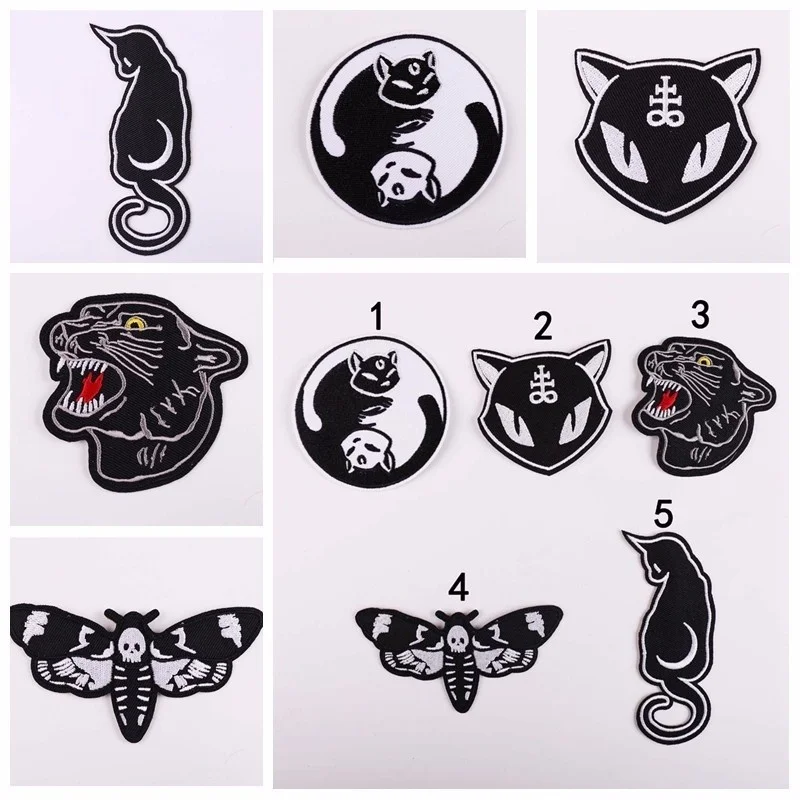 1 pz in bianco e nero Taichi Moon Cat badge Leopard Moth ricamato abbigliamento patch Iron-On Kids Bag Hat Shoes Decor