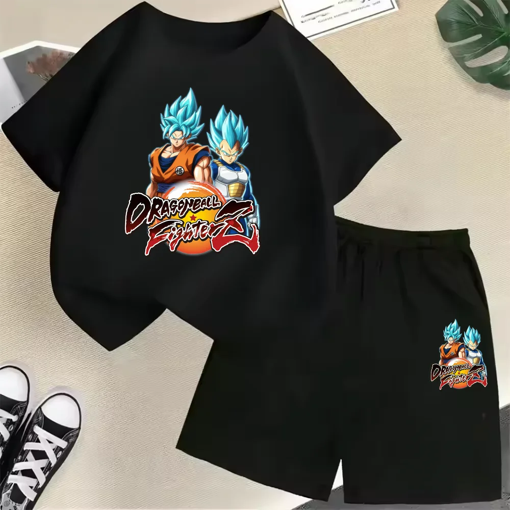 Bandai Summer New Cotton Kids T-Shirt Set Super Saiyan Dragon Ball Print Boy Girls Breathable Holiday Home Park Playwear Outfits
