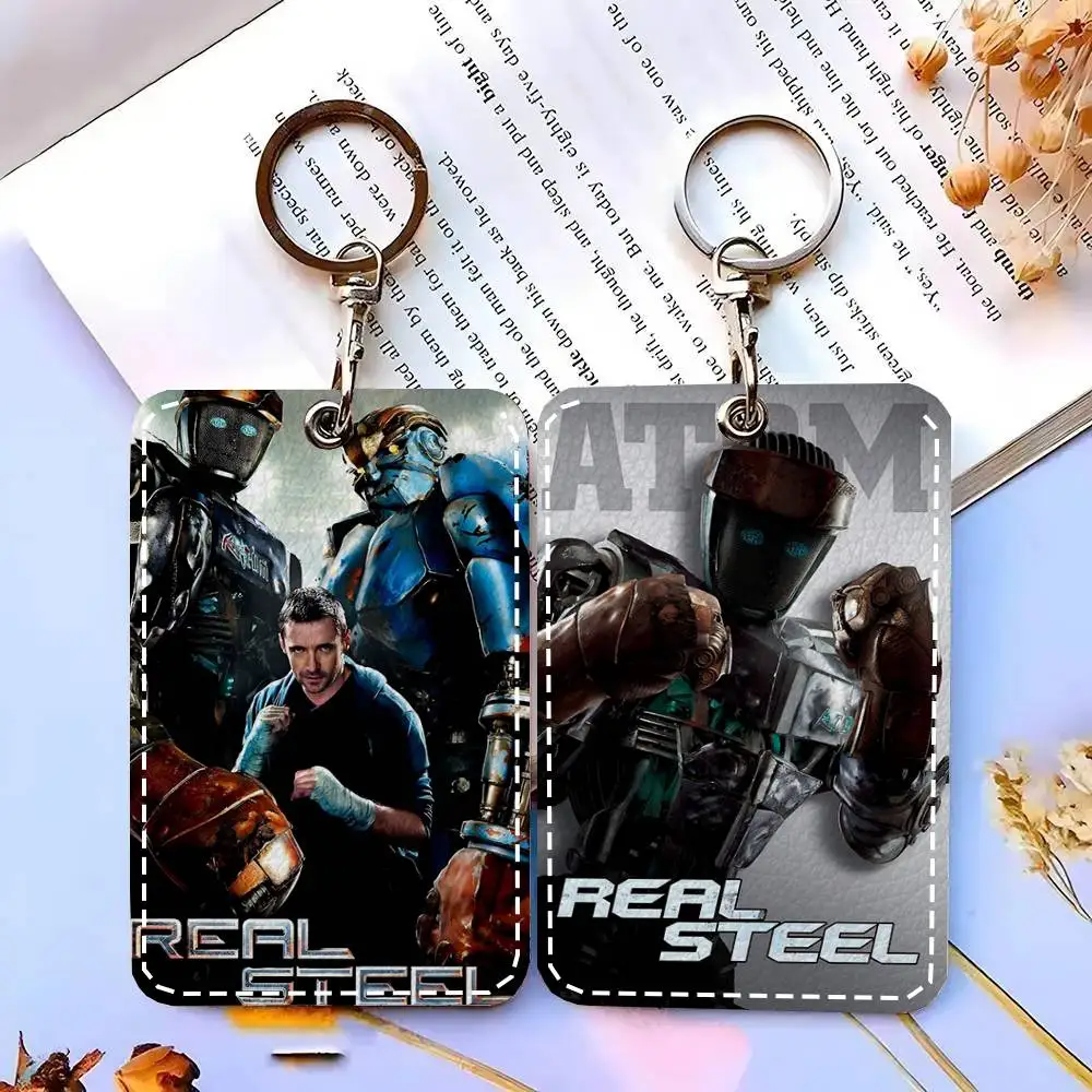 1pc Real Steel Movie Card Case Keychain Access Card Bag Key Tag Ring Leather Card Holder Key Ring Access
