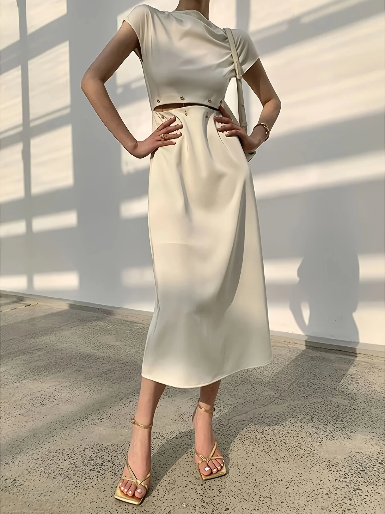 Women's Satin Cowl Neck Cap Sleeve Midi Dress, Waist Cutout Bodycon Formal Dress with Golden Button DetailWhite Satin Cowl Neck Cap Sleeve Midi Dress for Women, Waist Cutout Bodycon Formal Dress with Golden Buttons for Wedding Guest Cocktail