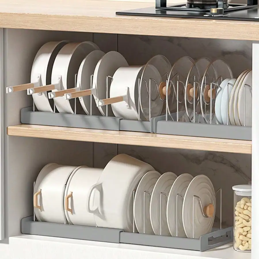 

No-Drill Telescopic Pot Holder Adjustable Space-Saving Kitchen Cookware Organizer