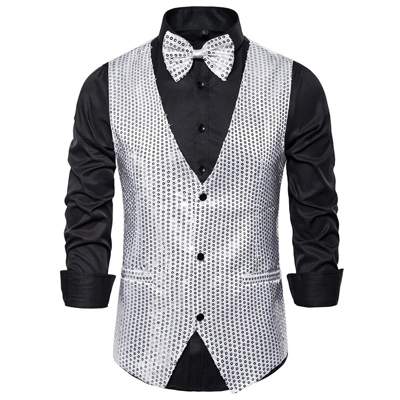 Gilets à col en V à simple boutonnage pour hommes, manteau à paillettes dorées, gilet de fête de mariage, argent, bleu, violet, rouge