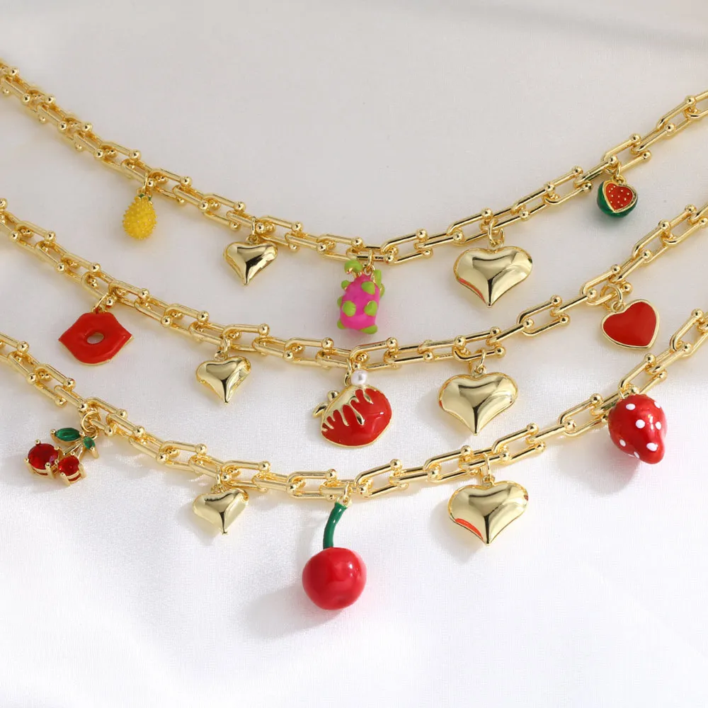 5Pcs Statement U Shaped Clavicle Chain Heart Cherry Strawberry Fruit Necklaces Chokers for Women Gold Plated Jewelry